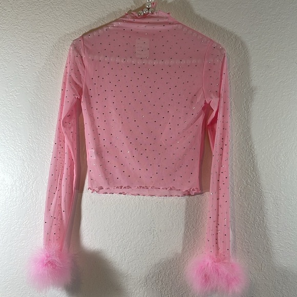 BEAR DANCE Long Sleeve Fur Trim Rhinestone Mesh Top Size Medium New - Picture 5 of 11